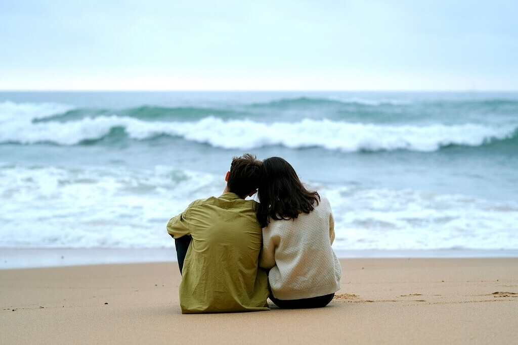 Paar sitzt eng beieinander am Strand und blickt aufs Meer