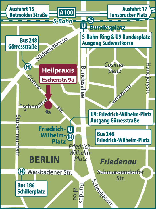 Lageplan der Heilpraxis in der Eschenstr. 9a in Berlin-Friedenau, mit den nächsten U-Bahn- und Bushaltestellen